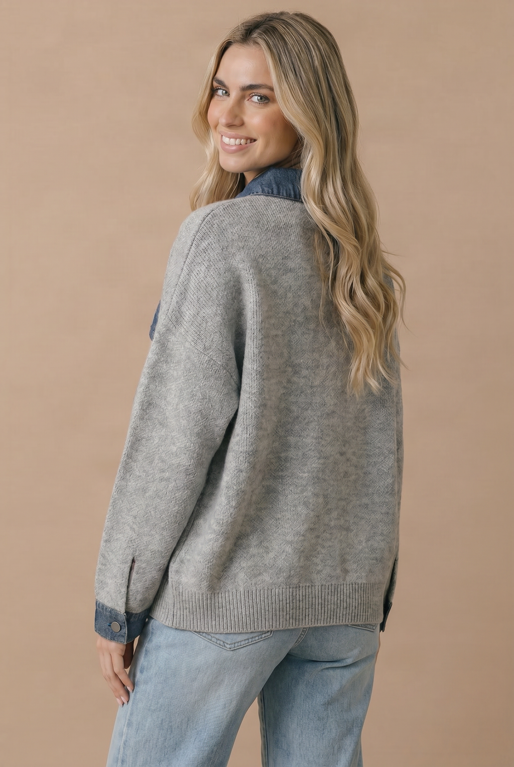Denim Collar Knit Pullover Top