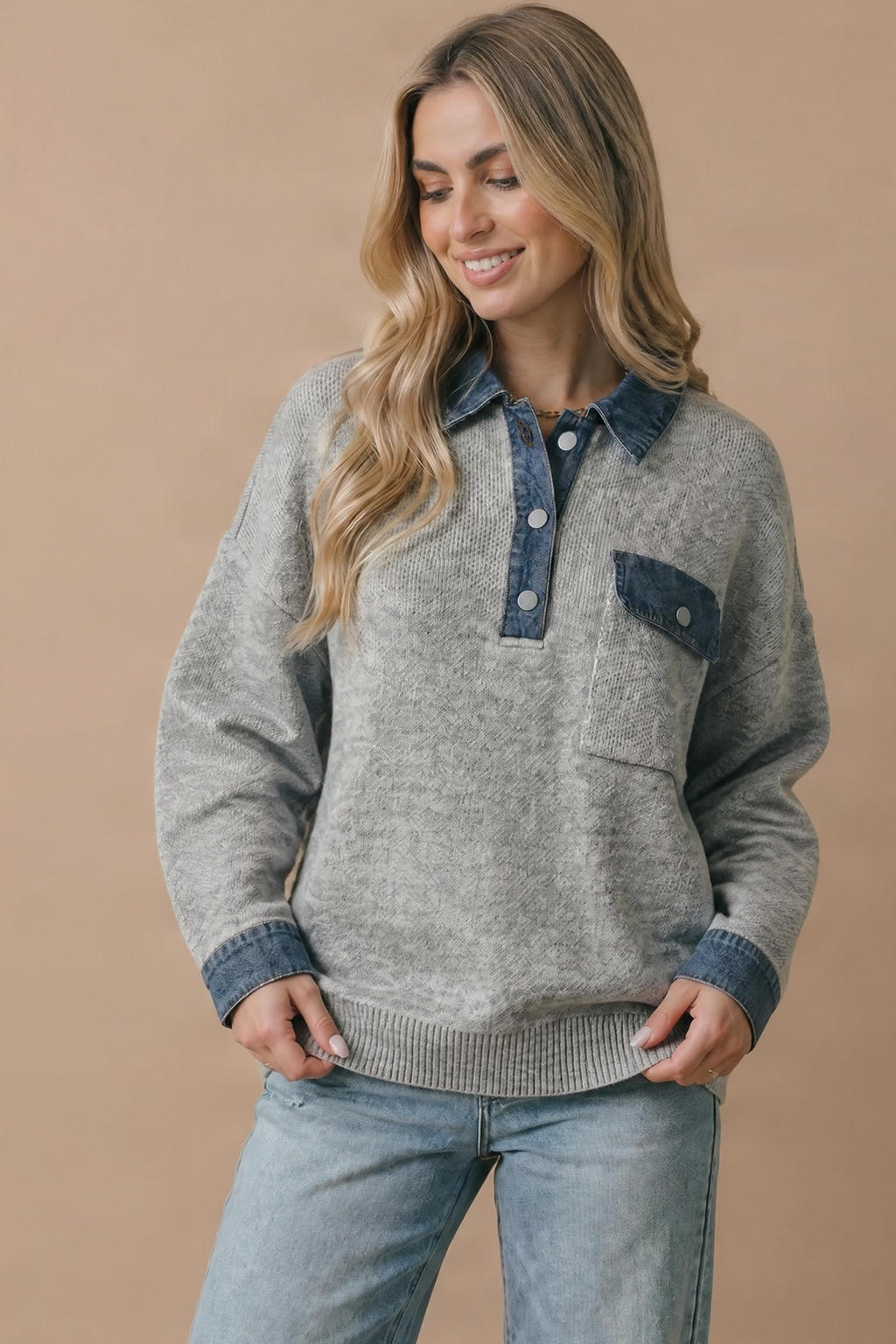 Denim Collar Knit Pullover Top