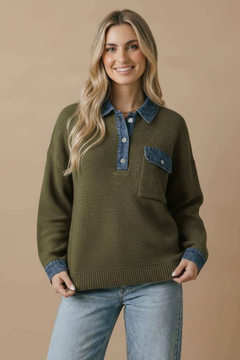 Denim Collar Knit Pullover Top