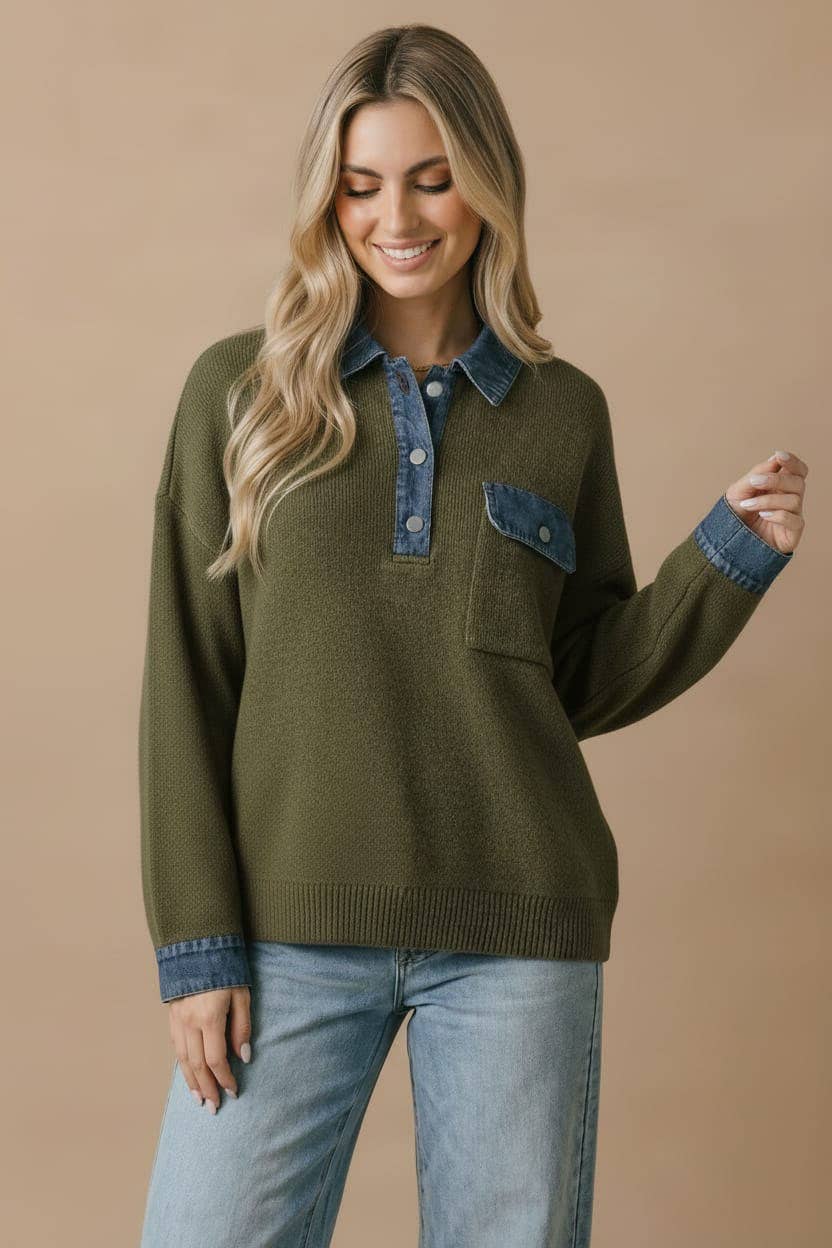 Denim Collar Knit Pullover Top