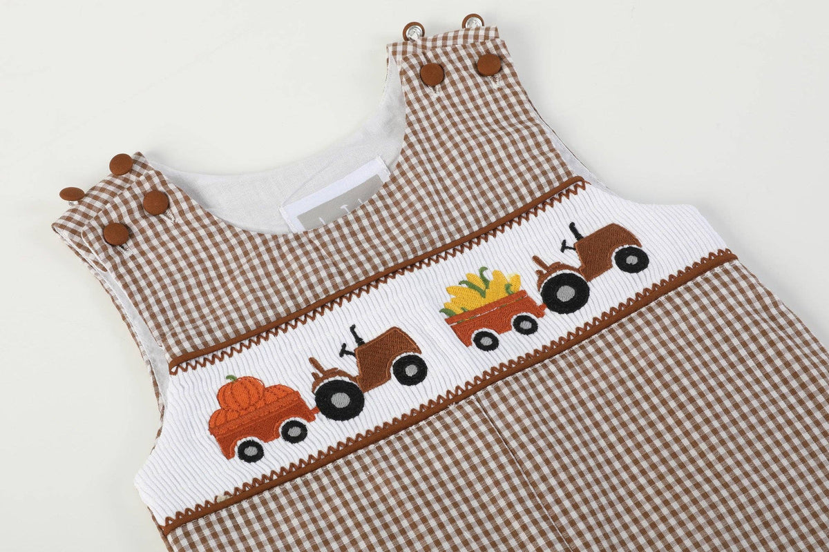 Brown Gingham Smocked Overalls