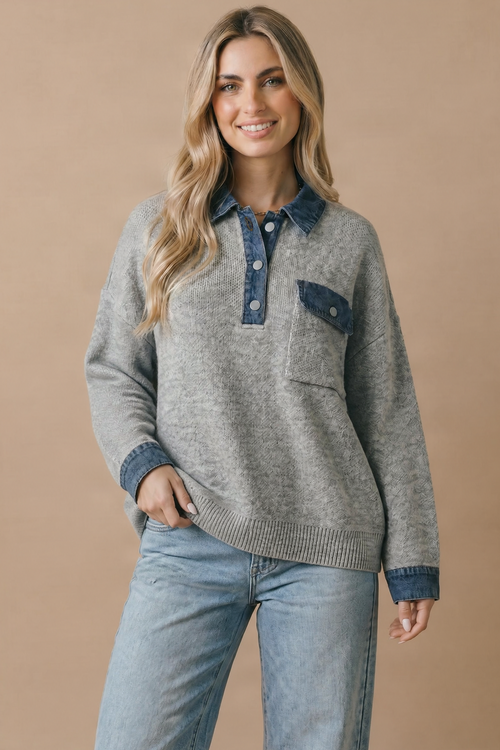 Denim Collar Knit Pullover Top