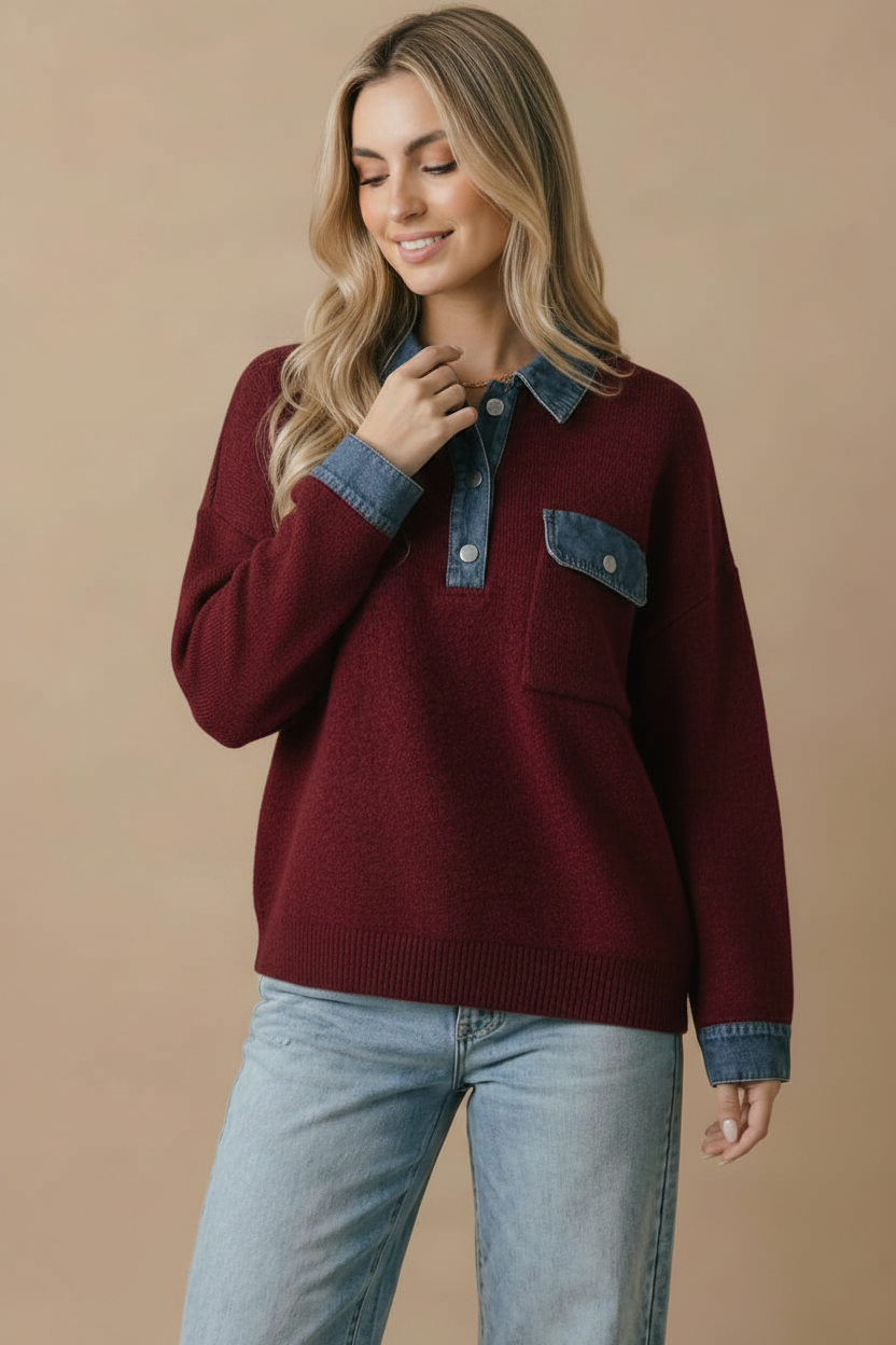 Denim Collar Knit Pullover Top