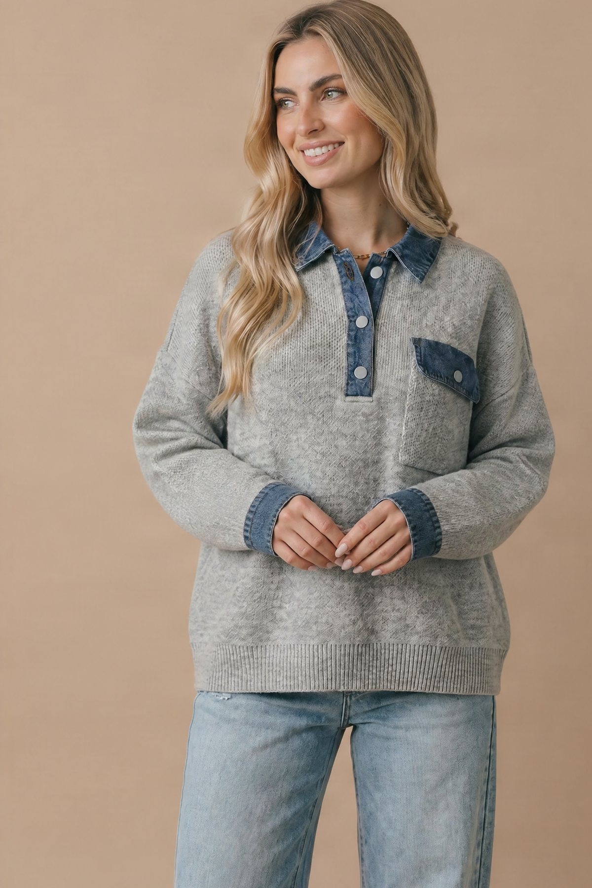 Denim Collar Knit Pullover Top