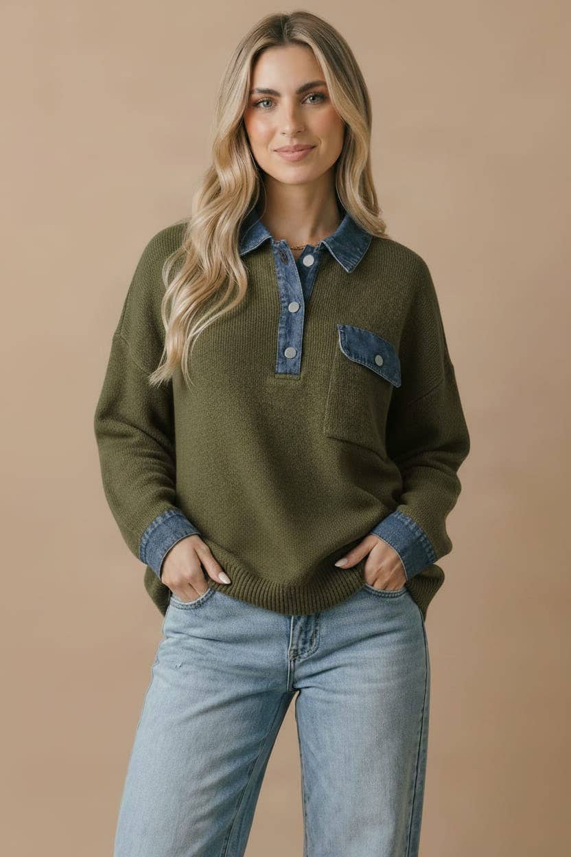Denim Collar Knit Pullover Top