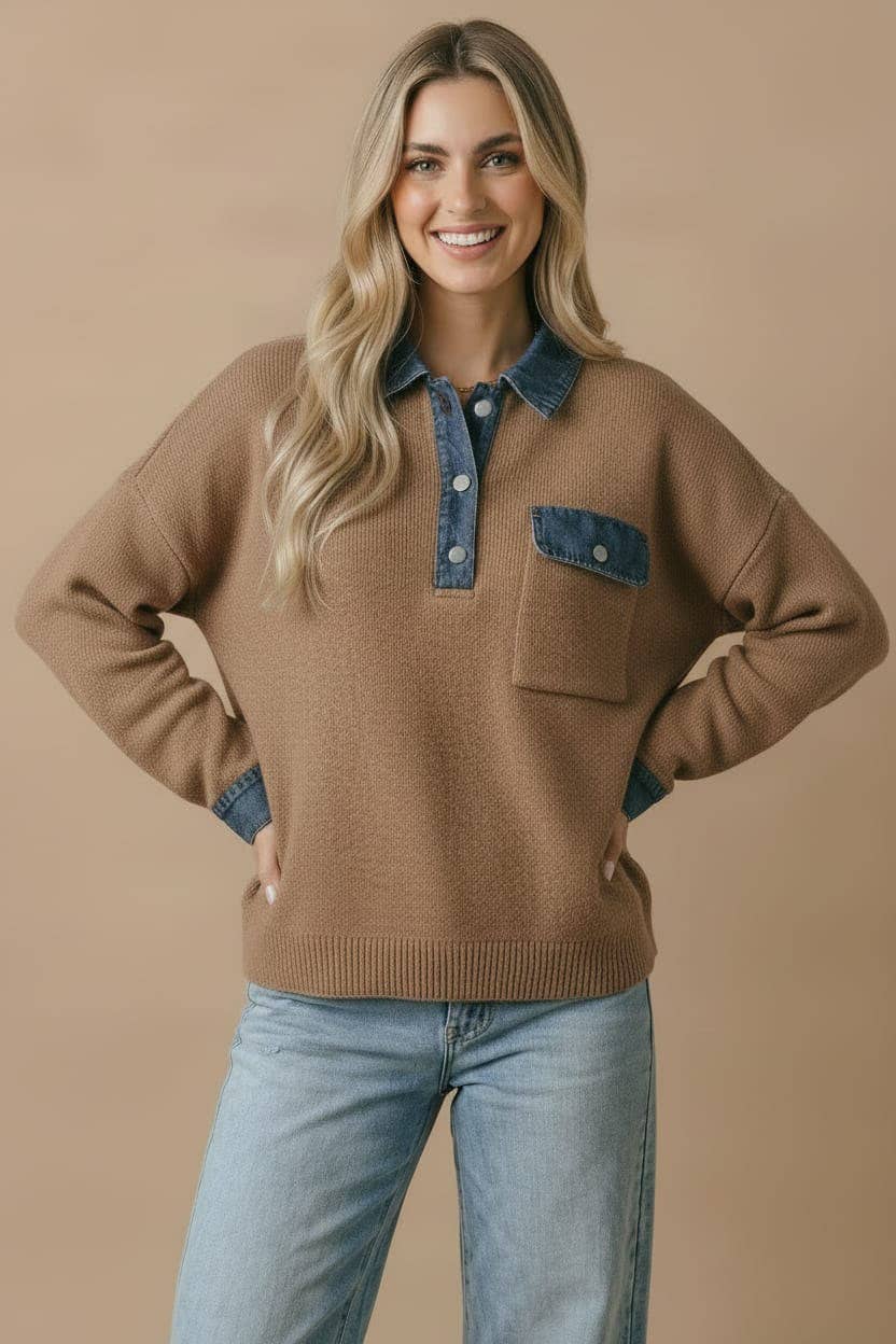 Denim Collar Knit Pullover Top