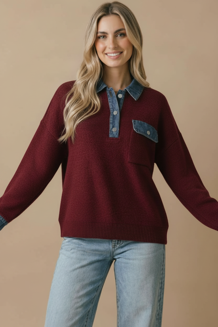 Denim Collar Knit Pullover Top